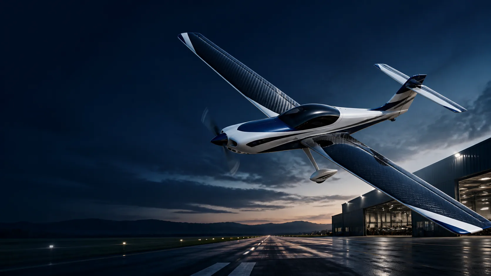 A white and navy light aircraft flying low over a runway at night